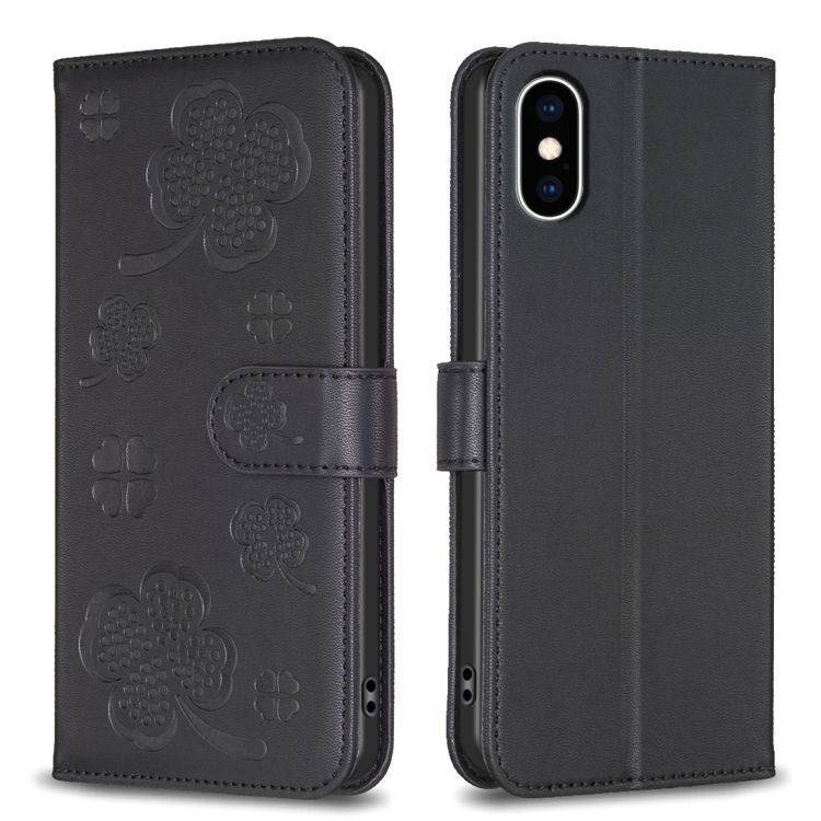 

For iPhone X / XS Four-leaf Embossed Leather Phone Case(Black)