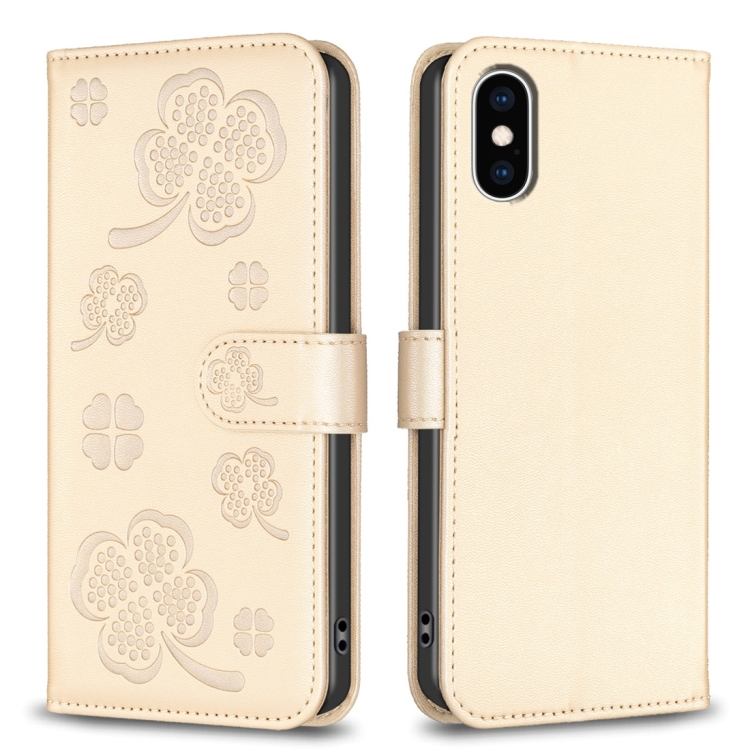 

For iPhone X / XS Four-leaf Embossed Leather Phone Case(Gold)