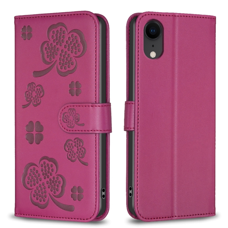 

For iPhone XR Four-leaf Embossed Leather Phone Case(Rose Red)