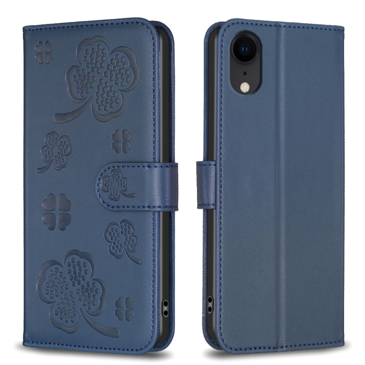 

For iPhone XR Four-leaf Embossed Leather Phone Case(Blue)