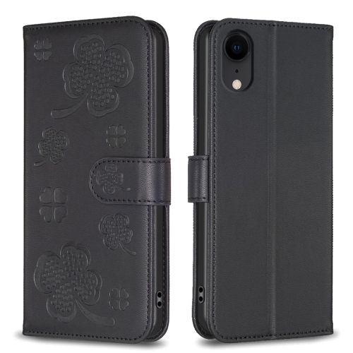 

For iPhone XR Four-leaf Embossed Leather Phone Case(Black)