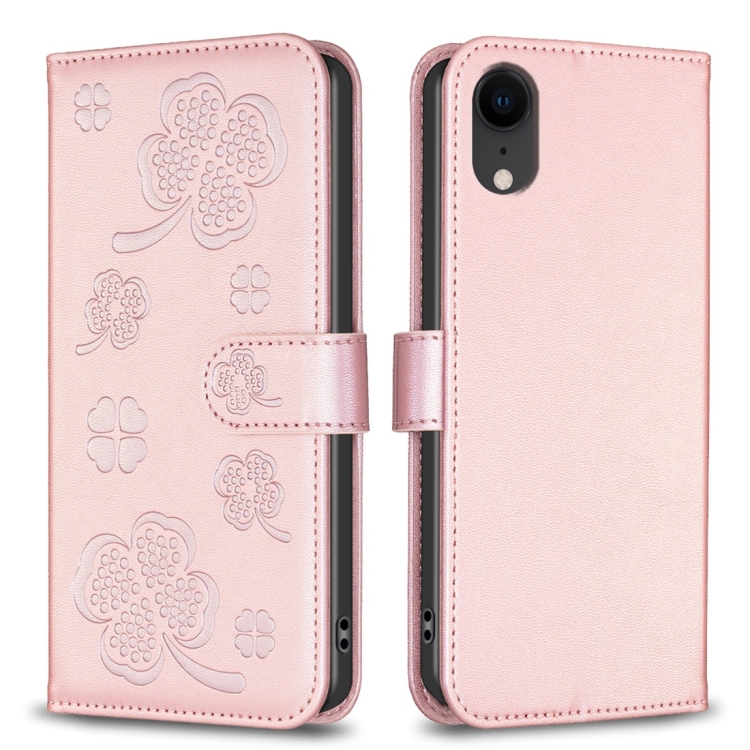 

For iPhone XR Four-leaf Embossed Leather Phone Case(Pink)