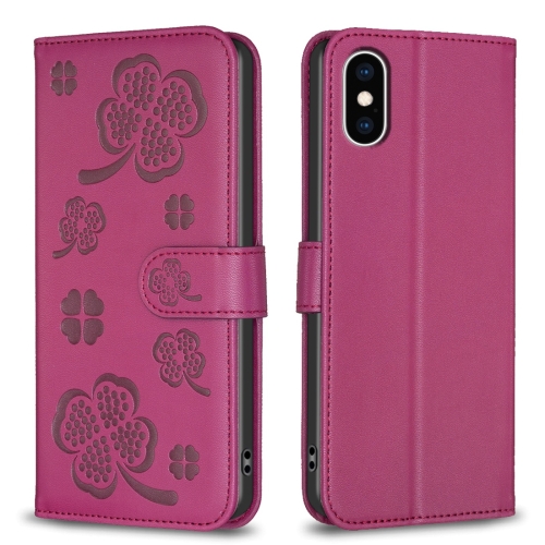 

For iPhone XS Max Four-leaf Embossed Leather Phone Case(Rose Red)