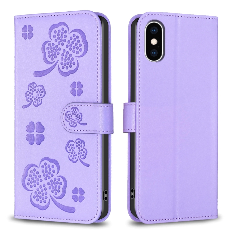 

For iPhone XS Max Four-leaf Embossed Leather Phone Case(Purple)