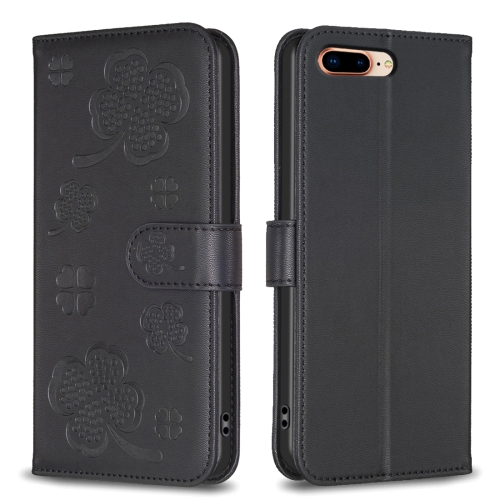 

For iPhone 7 Plus / 8 Plus Four-leaf Embossed Leather Phone Case(Black)