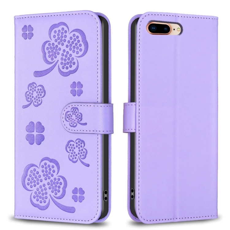 

For iPhone 7 Plus / 8 Plus Four-leaf Embossed Leather Phone Case(Purple)