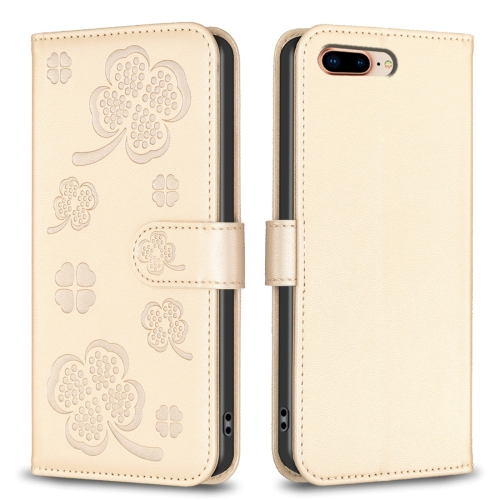 

For iPhone 7 Plus / 8 Plus Four-leaf Embossed Leather Phone Case(Gold)