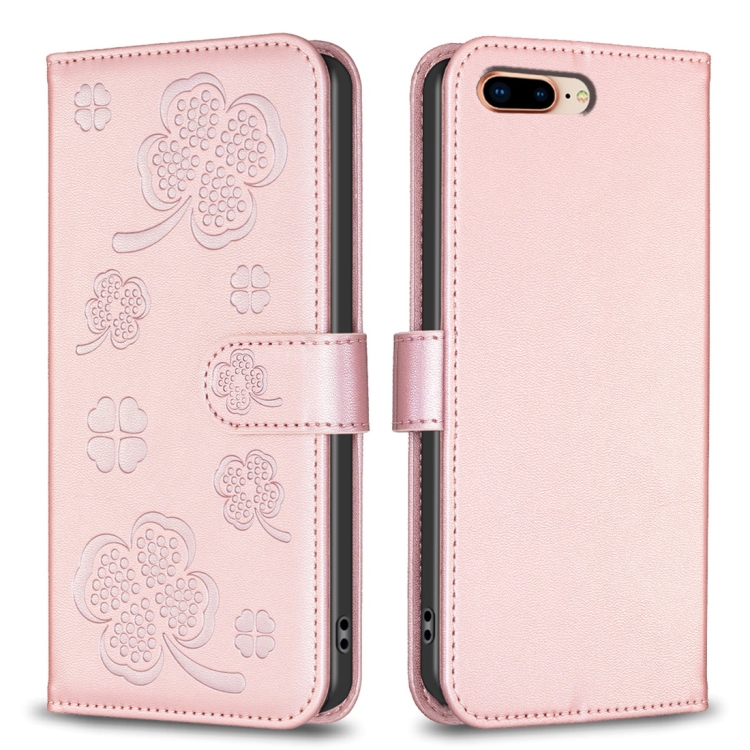 

For iPhone 7 Plus / 8 Plus Four-leaf Embossed Leather Phone Case(Pink)