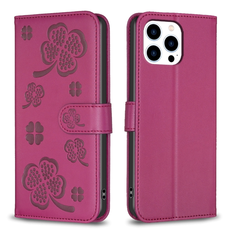 

For iPhone 14 Pro Max Four-leaf Embossed Leather Phone Case(Rose Red)