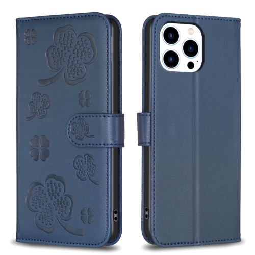 

For iPhone 14 Pro Max Four-leaf Embossed Leather Phone Case(Blue)