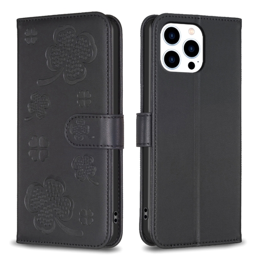 

For iPhone 14 Pro Max Four-leaf Embossed Leather Phone Case(Black)