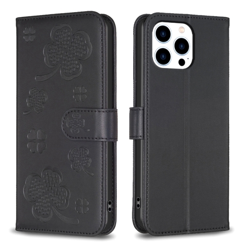 

For iPhone 14 Pro Four-leaf Embossed Leather Phone Case(Black)