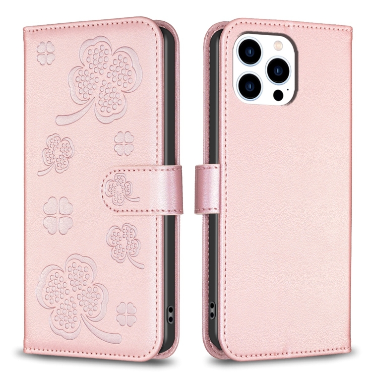 

For iPhone 14 Pro Four-leaf Embossed Leather Phone Case(Pink)