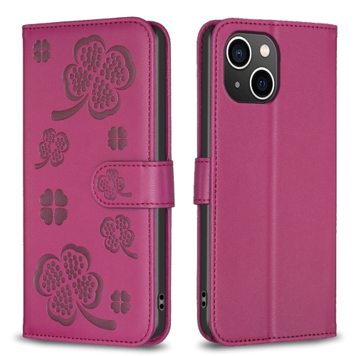 

For iPhone 14 Plus Four-leaf Embossed Leather Phone Case(Rose Red)