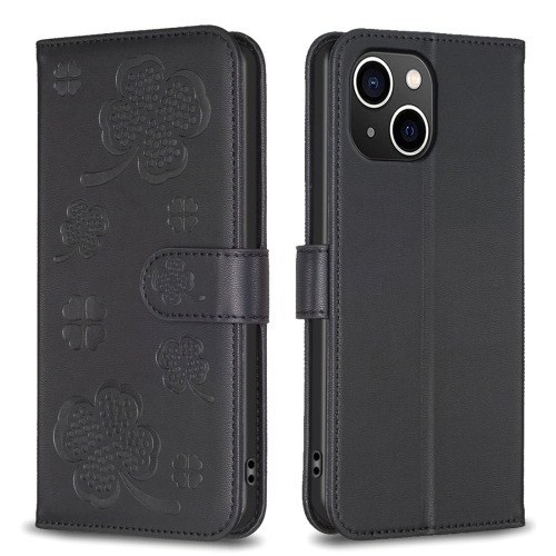 

For iPhone 14 Plus Four-leaf Embossed Leather Phone Case(Black)