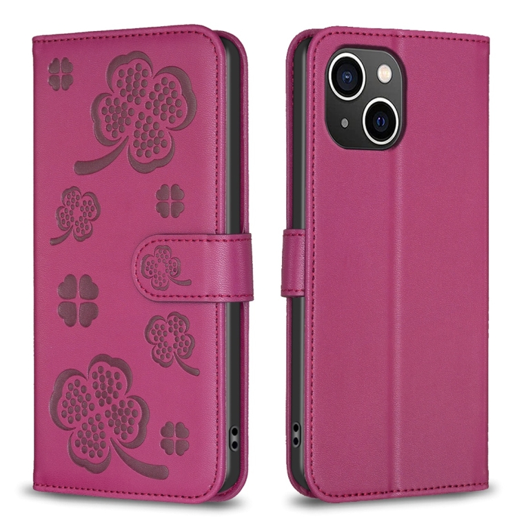 

For iPhone 14 Four-leaf Embossed Leather Phone Case(Rose Red)