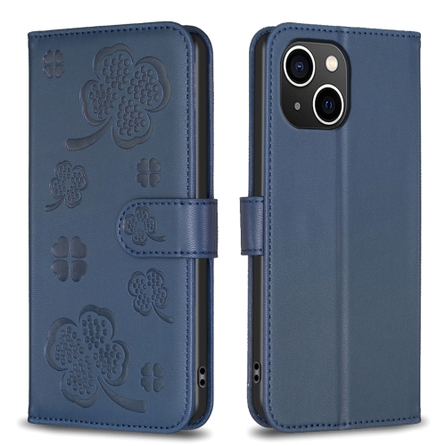 

For iPhone 14 Four-leaf Embossed Leather Phone Case(Blue)