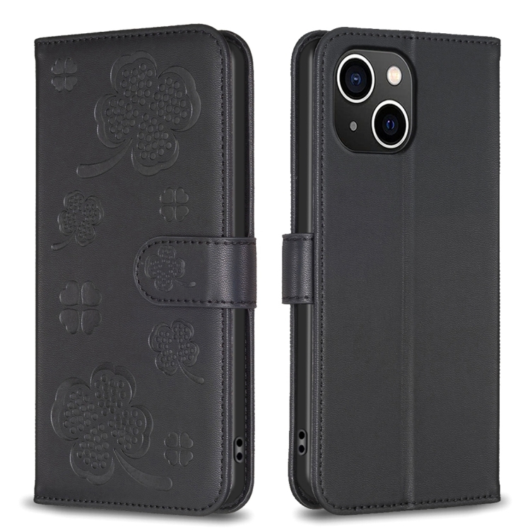 

For iPhone 14 Four-leaf Embossed Leather Phone Case(Black)