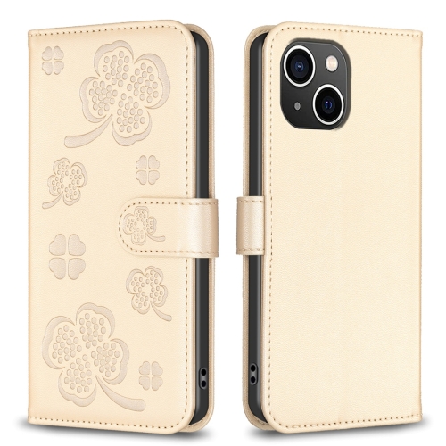 

For iPhone 14 Four-leaf Embossed Leather Phone Case(Gold)