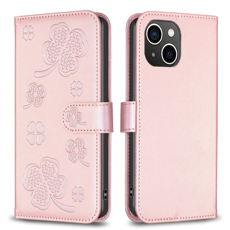 

For iPhone 14 Four-leaf Embossed Leather Phone Case(Pink)