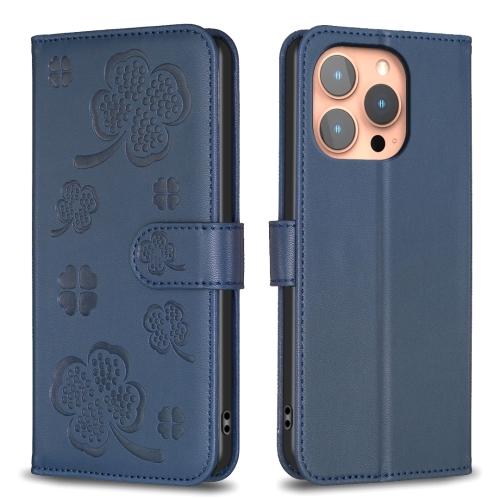 

For iPhone 16 Pro Four-leaf Embossed Leather Phone Case(Blue)