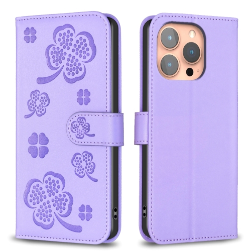 

For iPhone 16 Pro Four-leaf Embossed Leather Phone Case(Purple)