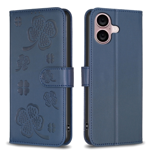 

For iPhone 16 Plus Four-leaf Embossed Leather Phone Case(Blue)