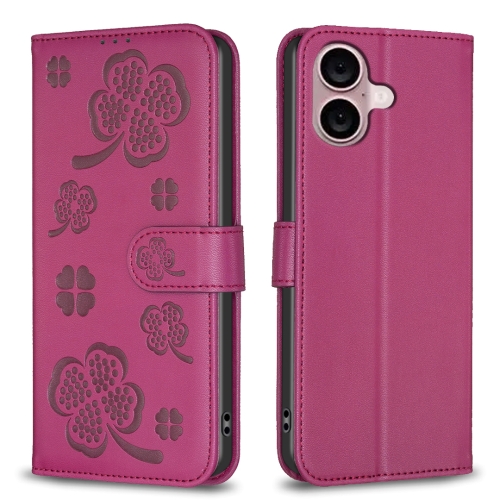 

For iPhone 16 Four-leaf Embossed Leather Phone Case(Rose Red)