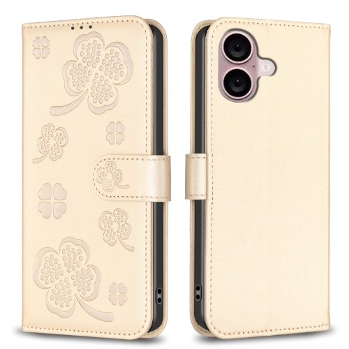 

For iPhone 16 Four-leaf Embossed Leather Phone Case(Gold)