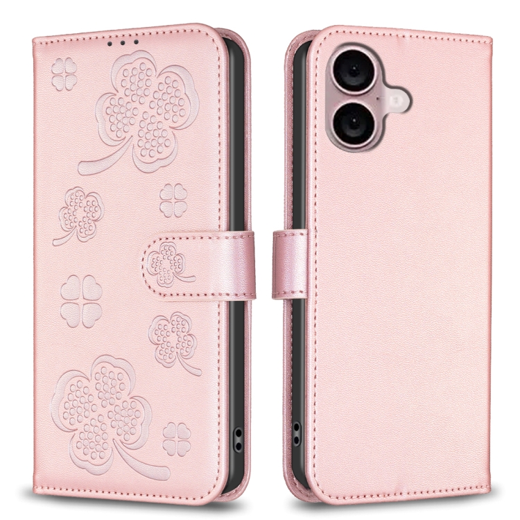 

For iPhone 16 Four-leaf Embossed Leather Phone Case(Pink)