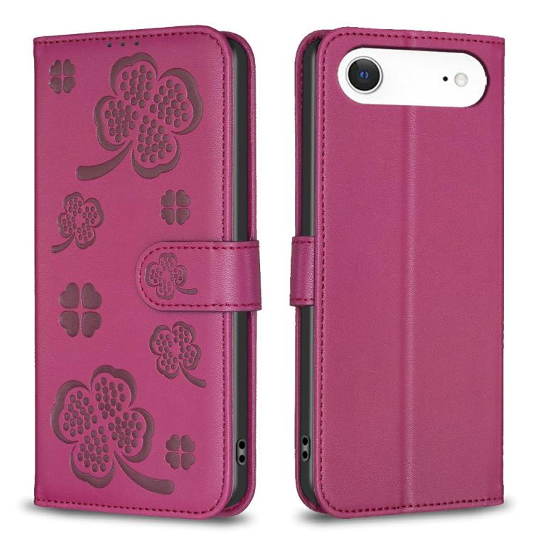 

For iPhone 17 Air Four-leaf Embossed Leather Phone Case(Rose Red)
