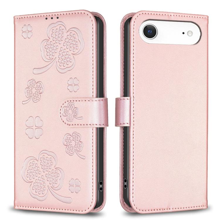

For iPhone 17 Air Four-leaf Embossed Leather Phone Case(Pink)