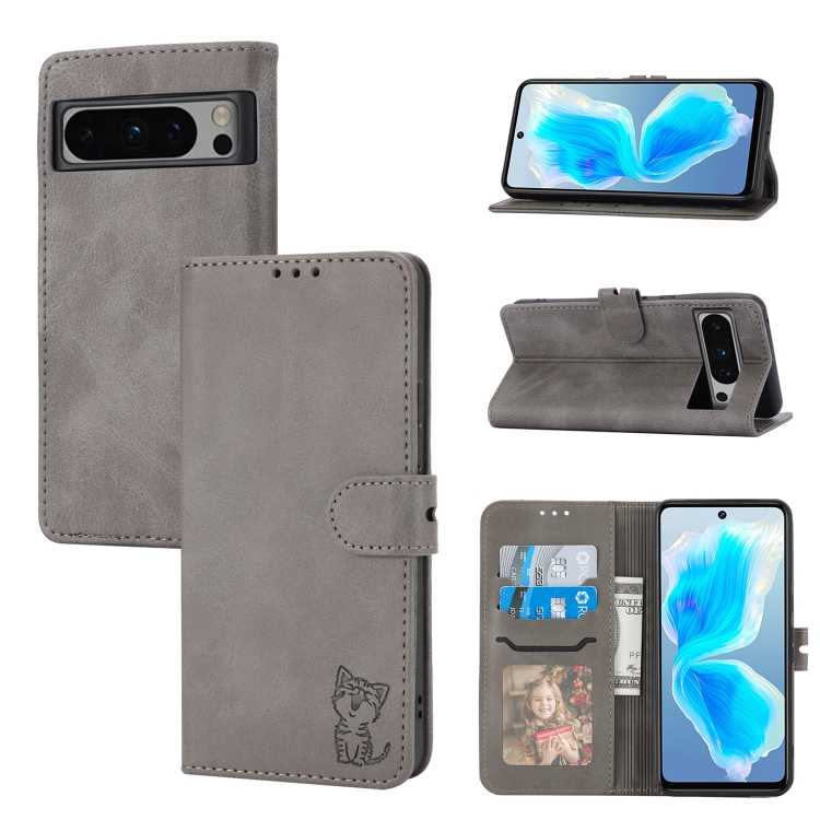 

For Google Pixel 8 Pro Embossed Happy Cat Pattern Flip Leather Phone Case(Grey)