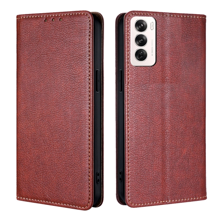

For OPPO Reno12 5G Global Gloss Oil Solid Color Magnetic Leather Phone Case(Brown)
