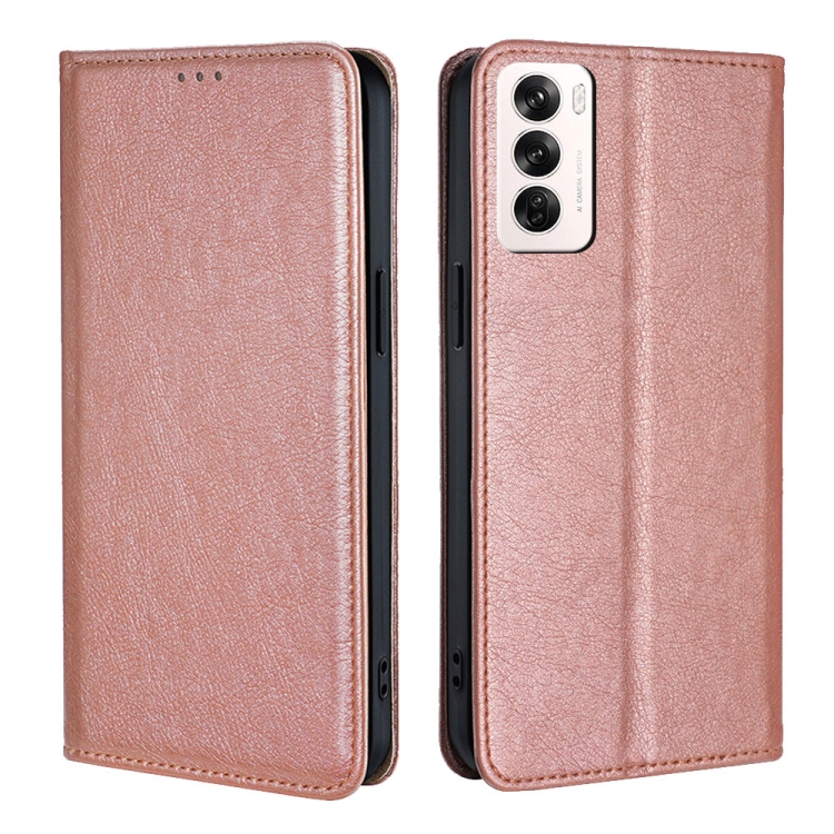 

For OPPO Reno12 5G Global Gloss Oil Solid Color Magnetic Leather Phone Case(Rose Gold)