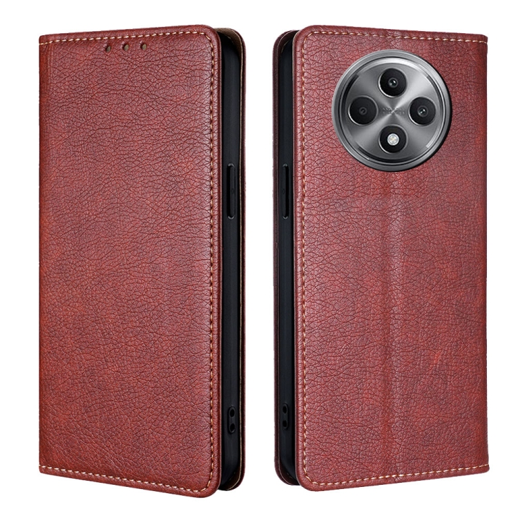 

For OPPO Reno12 F 5G Gloss Oil Solid Color Magnetic Leather Phone Case(Brown)