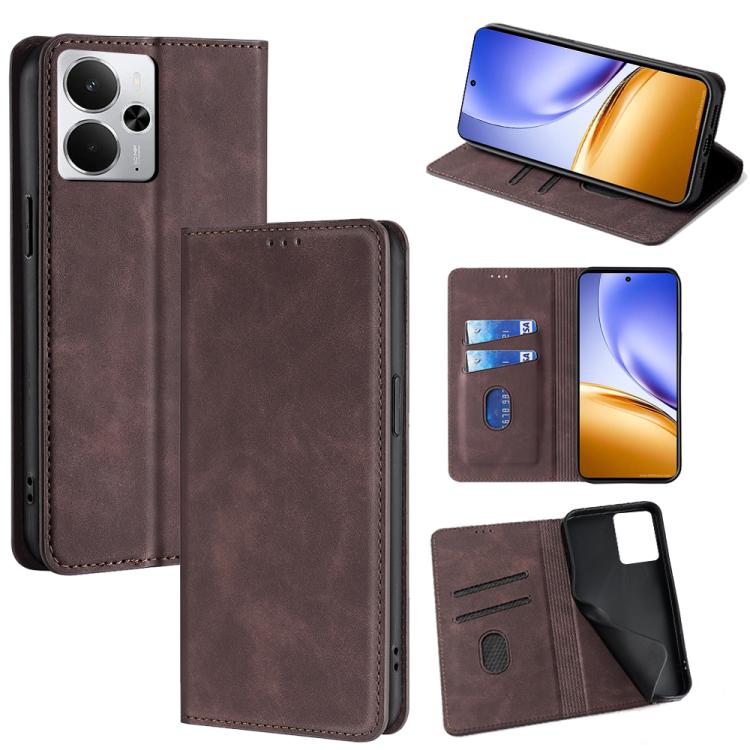 

For Realme 14 5G Global Skin Feel Magnetic Leather Phone Case(Dark Brown)
