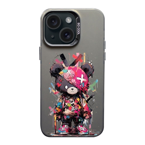 

For iPhone 15 Plus Color Ink Frosted PC+TPU Phone Case(Black Bear)