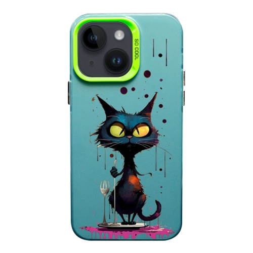 

For iPhone 14 Plus Color Ink Frosted PC+TPU Phone Case(Black Cat)