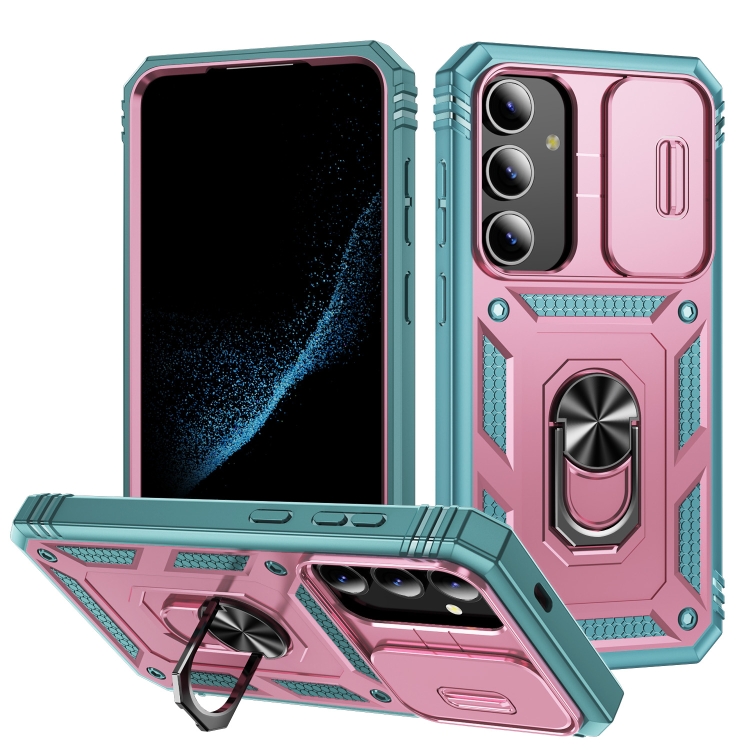 

For Samsung Galaxy S24 5G Sliding Camshield TPU + PC Phone Case with Holder(Pink+Green)