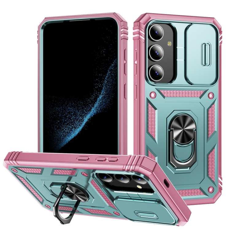 

For Samsung Galaxy S24 5G Sliding Camshield TPU + PC Phone Case with Holder(Green+Pink)