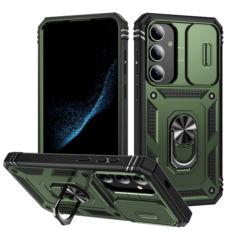 

For Samsung Galaxy S24+ 5G Sliding Camshield TPU + PC Phone Case with Holder(Army Green+Black)