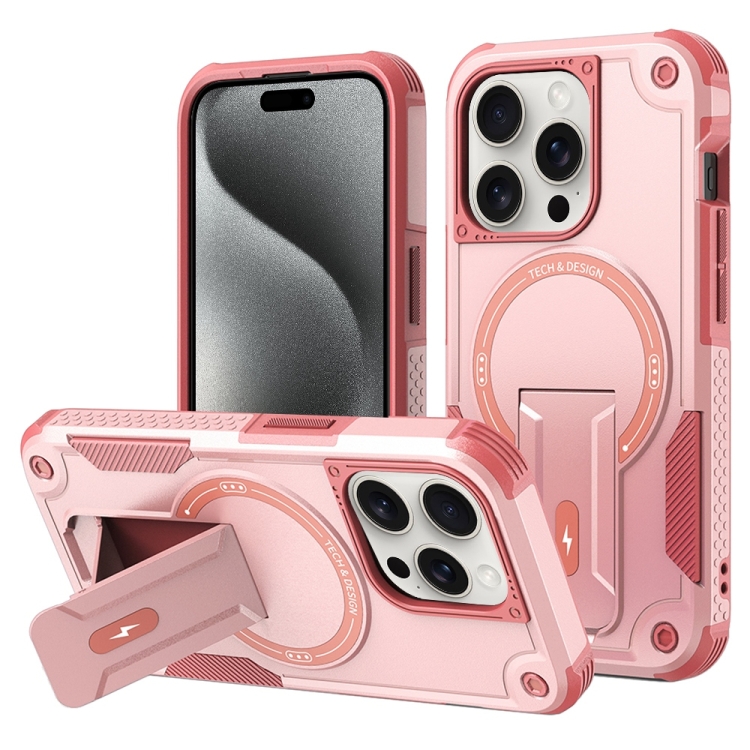 

For iPhone 15 Pro Max Armor Magsafe Holder PC Hybrid TPU Phone Case(Pink)