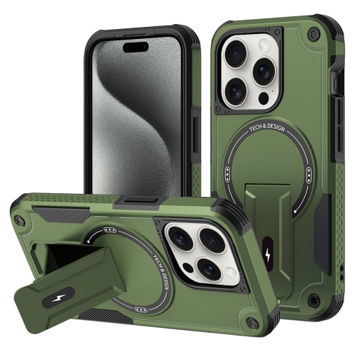 

For iPhone 15 Pro Max Armor Magsafe Holder PC Hybrid TPU Phone Case(Army Green)