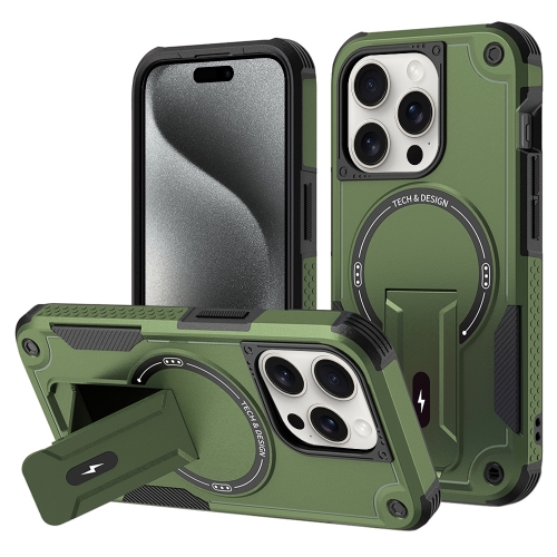 

For iPhone 15 Pro MagSafe Holder Armor PC Hybrid TPU Phone Case(Army Green)