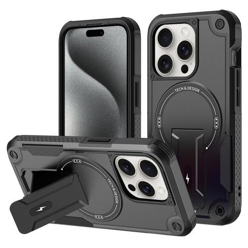

For iPhone 15 Pro MagSafe Holder Armor PC Hybrid TPU Phone Case(Black)