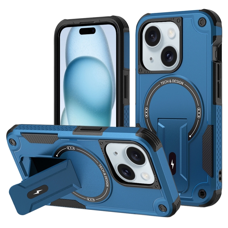 

For iPhone 15 Armor Magsafe Holder PC Hybrid TPU Phone Case(Dark Blue)