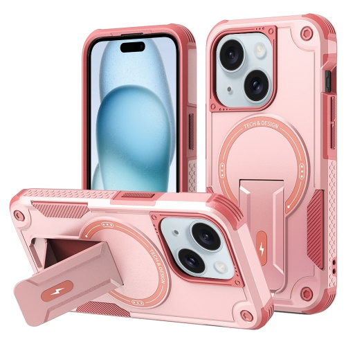 

For iPhone 15 Armor Magsafe Holder PC Hybrid TPU Phone Case(Pink)