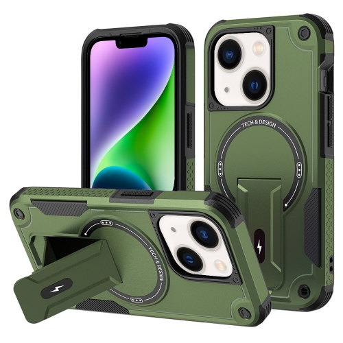 

For iPhone 14 Plus Armor Magsafe Holder PC Hybrid TPU Phone Case(Army Green)