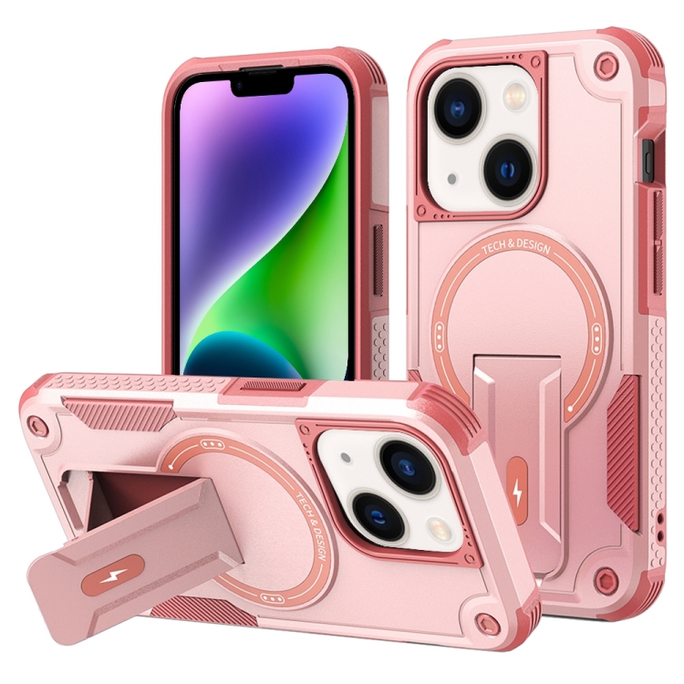 

For iPhone 14 Armor Magsafe Holder PC Hybrid TPU Phone Case(Pink)